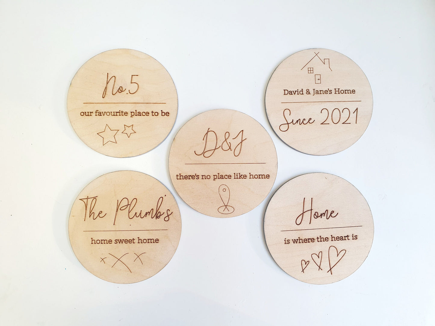 Personalised Rustic Home Wooden 5 Coaster Set (different personalisation available on each coaster) - Edges handpainted in different colours