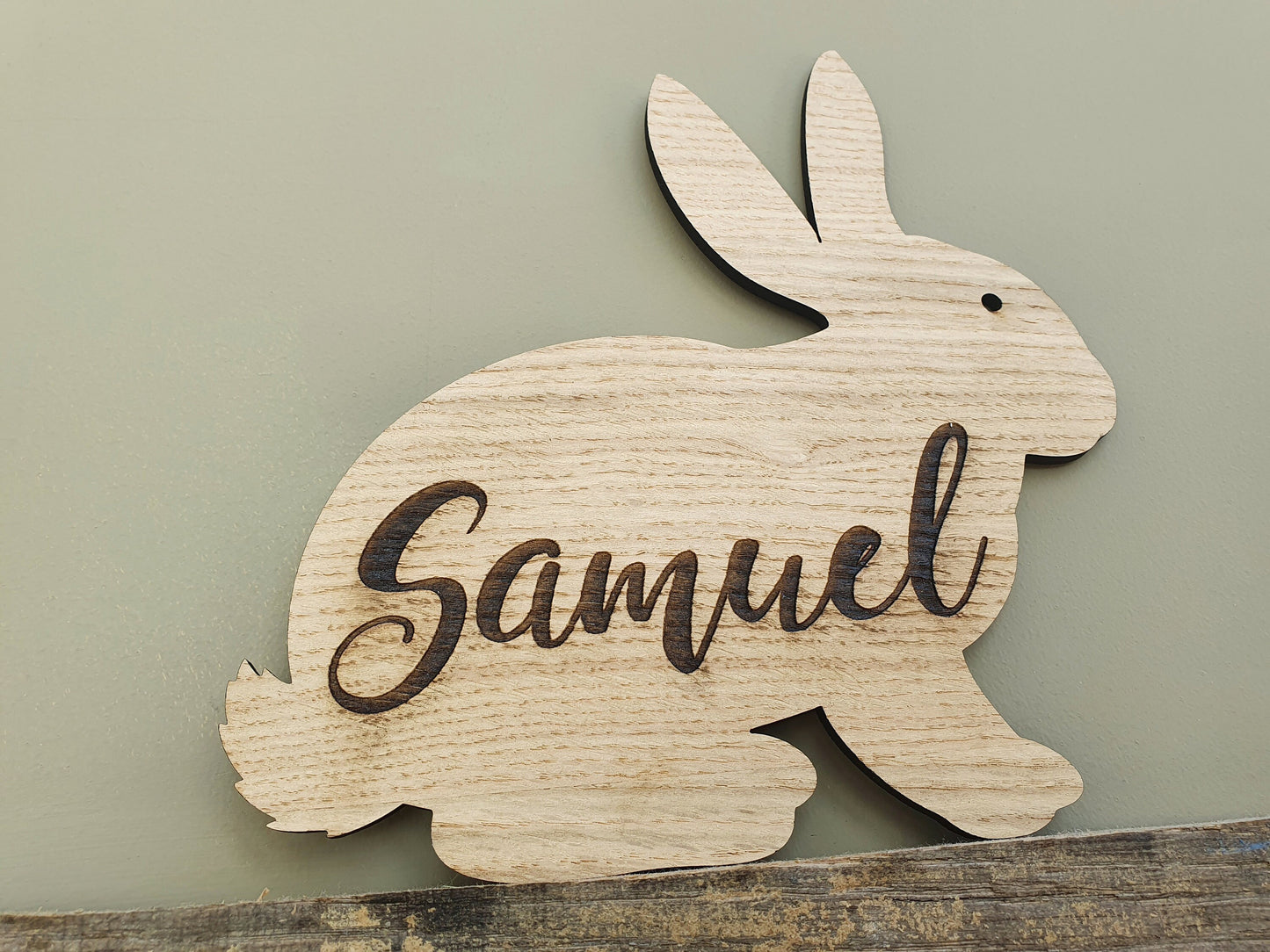 Rustic Personalised Wooden Rabbit Name Sign - Bunny Room Sign With Custom Name - Made From Oak Veneered MDF