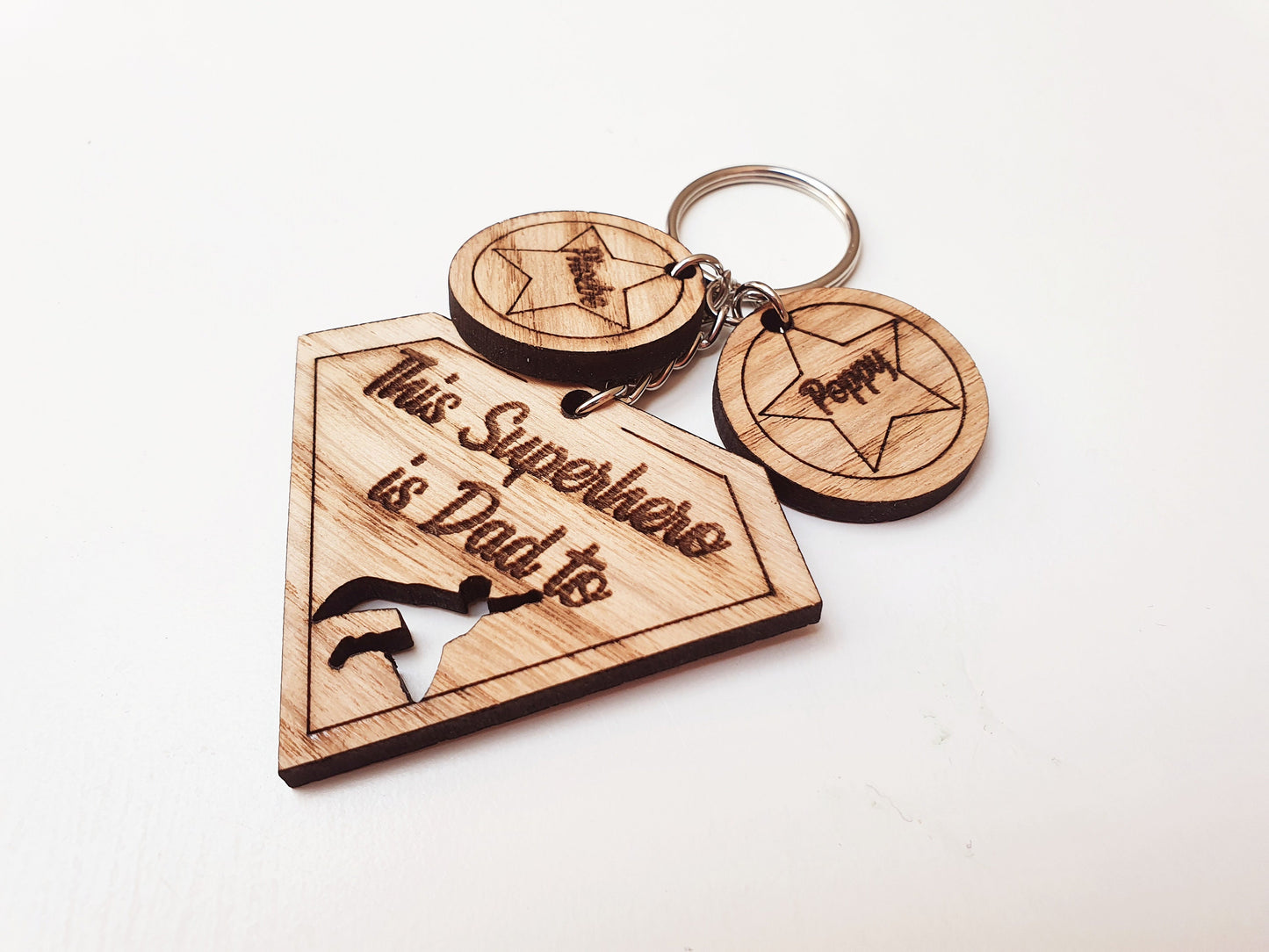 Personalised Superhero Dad Keyring – Custom Oak Wood Father's Day Gift