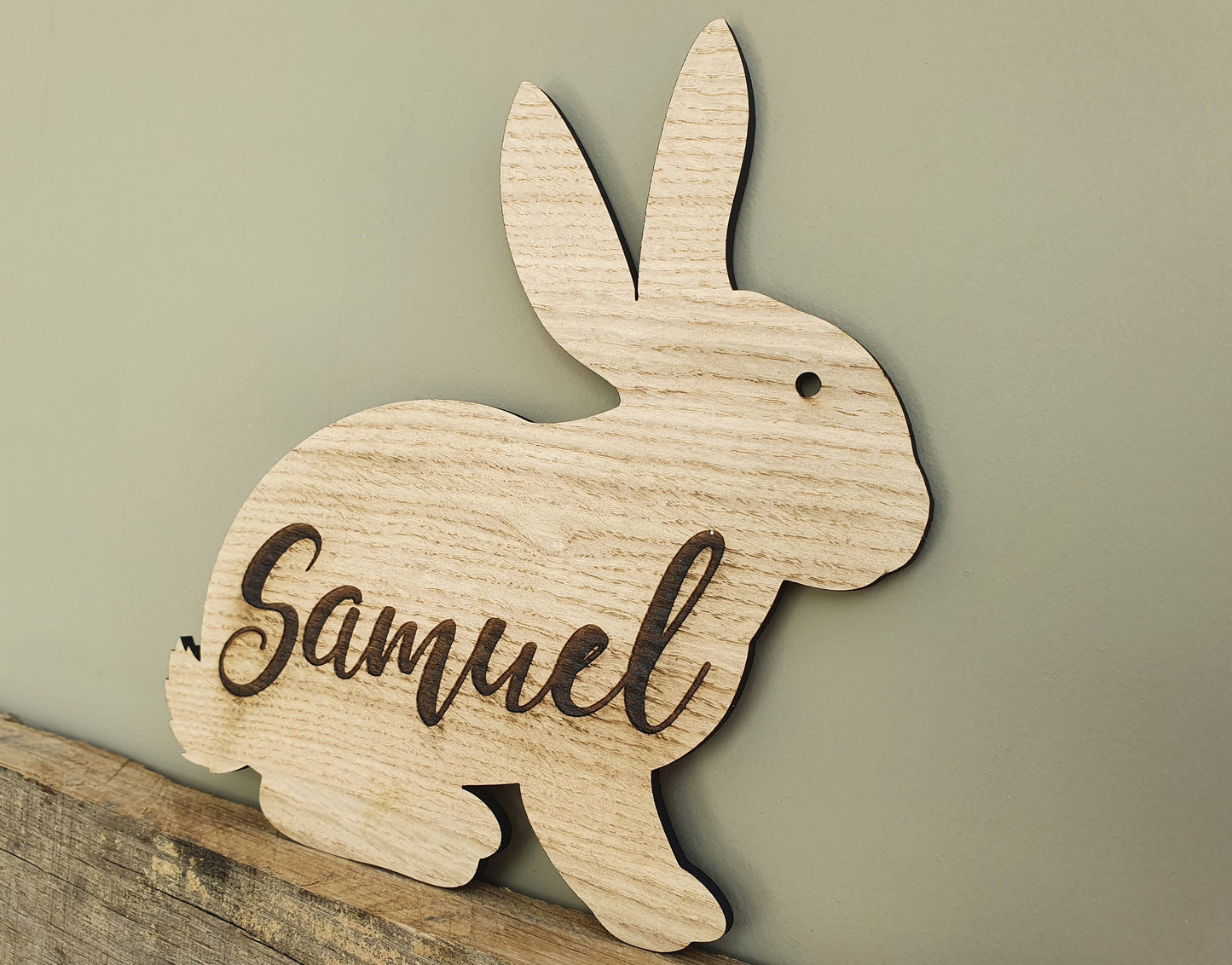 Rustic Personalised Wooden Rabbit Name Sign - Bunny Room Sign With Custom Name - Made From Oak Veneered MDF