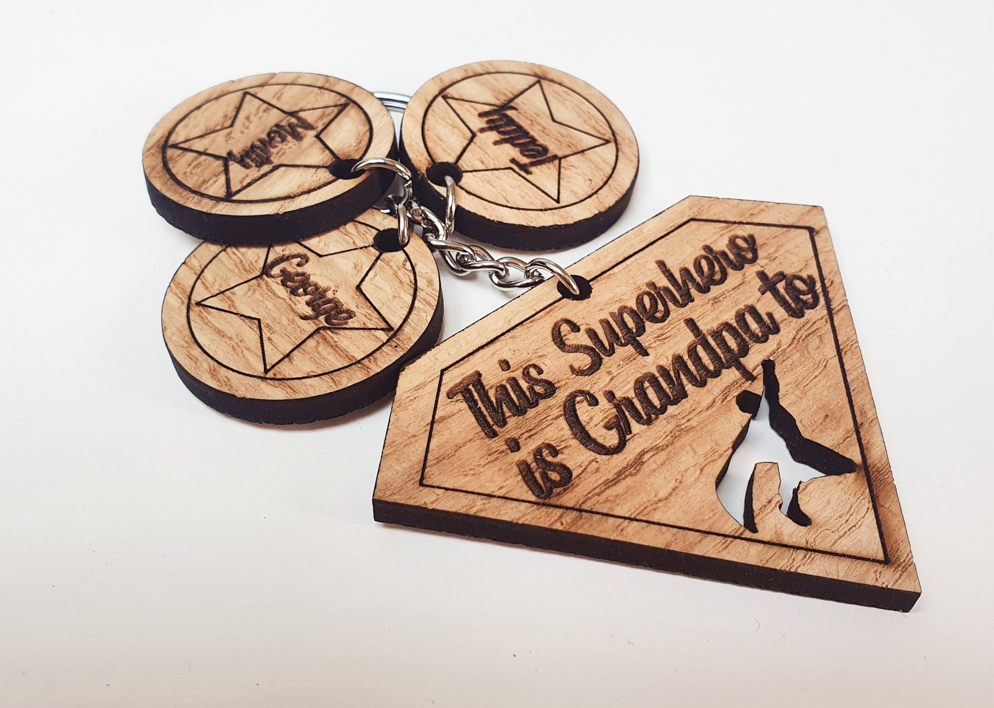 Personalised Superhero Grandad Keyring – Oak Veneer Father's Day Gift