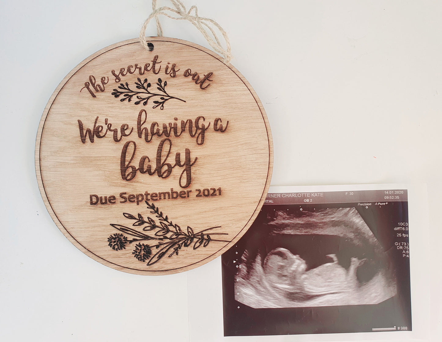 Rustic Oak Pregnancy Announcement Plaque – Baby Reveal Sign