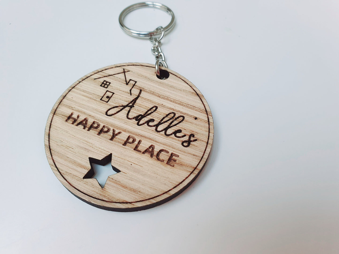 Personalised New Home Wooden Keyring - Happy Place Housewarming Gift