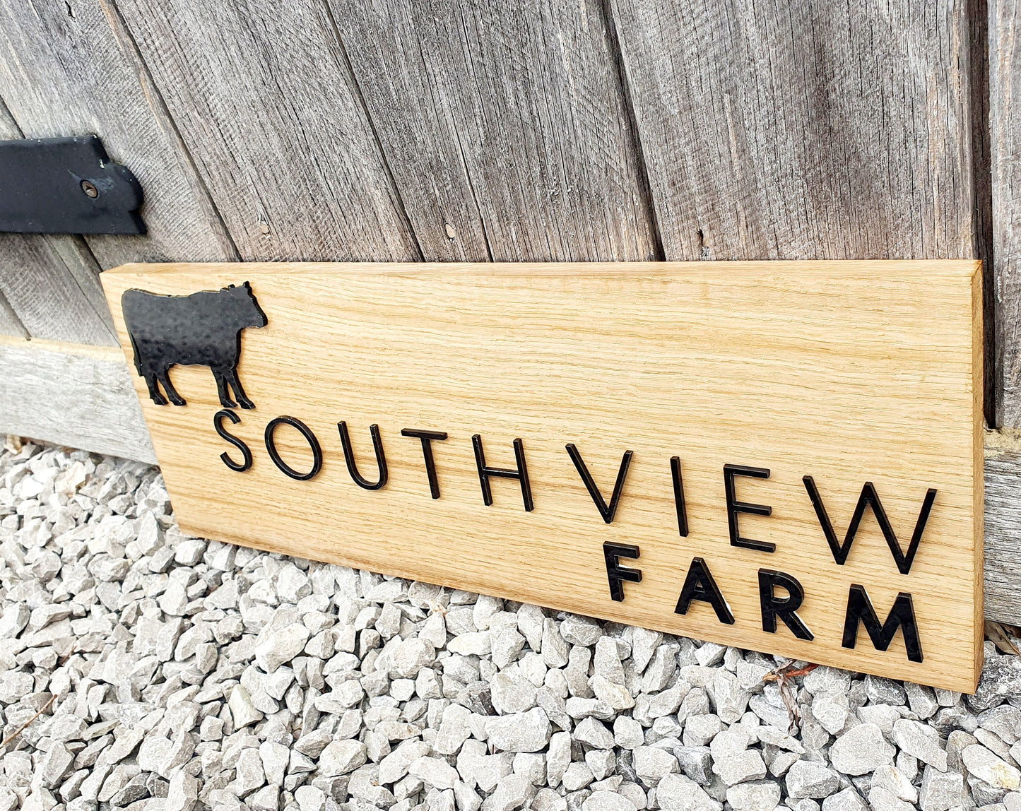 Custom Oak Address Sign – Raised Black Acrylic, House Name & Silhouette