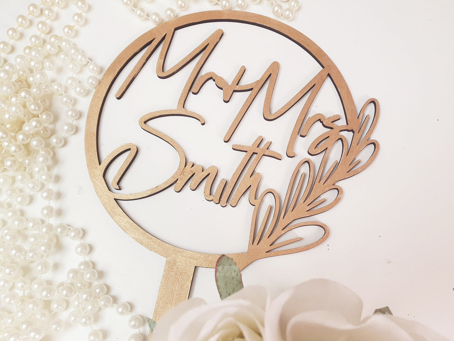Personalised Mr & Mrs Wooden Wedding Cake Topper – Floral Detail