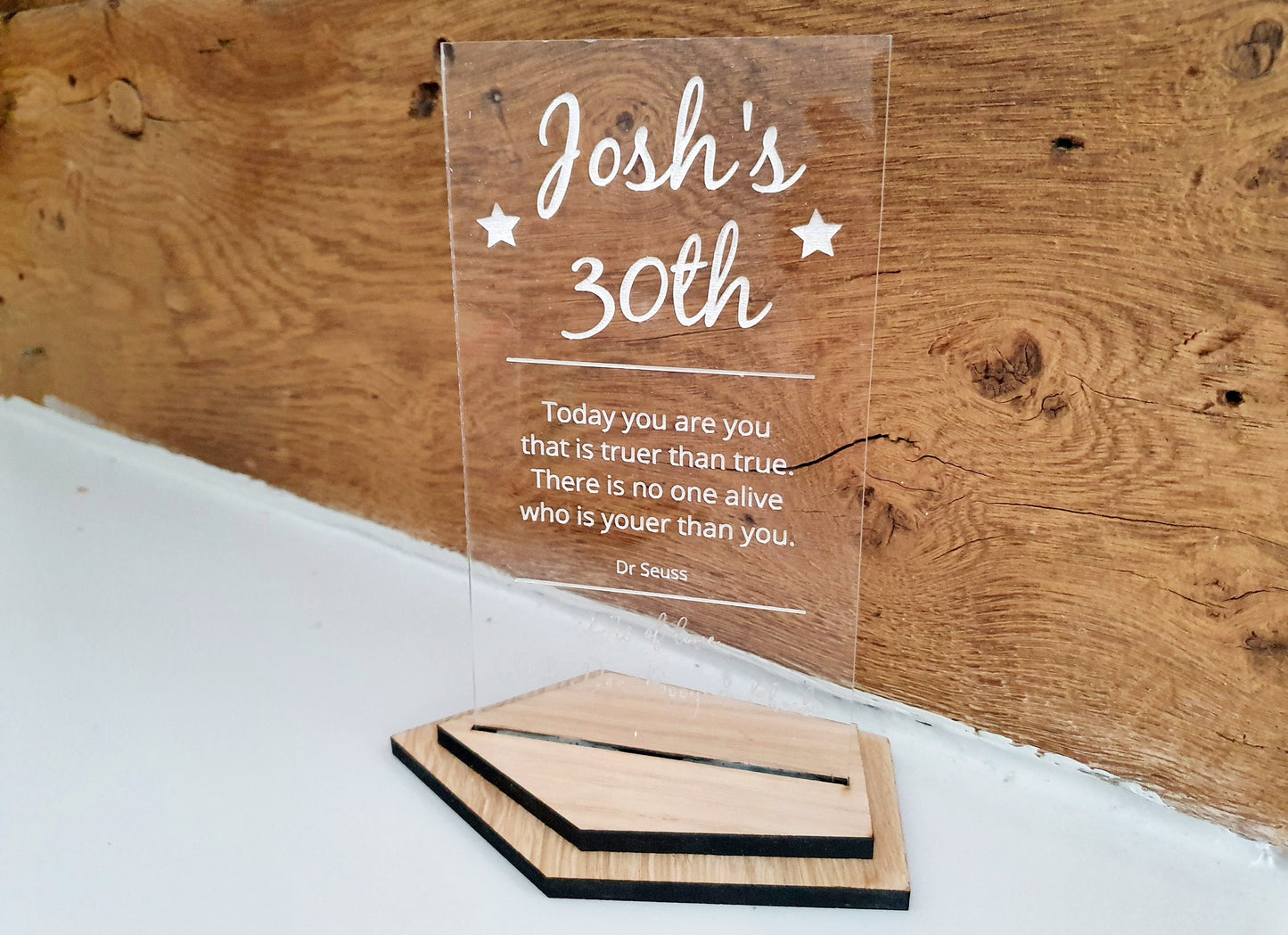 Personalised Birthday Plaque – Oak Base, Acrylic Birthday Trophy