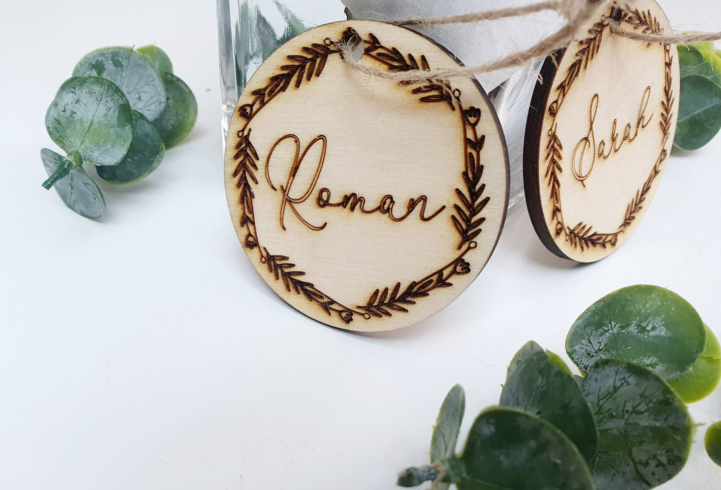 Personalised Wooden Wedding Place Cards - Engraved Botanical Name Tags