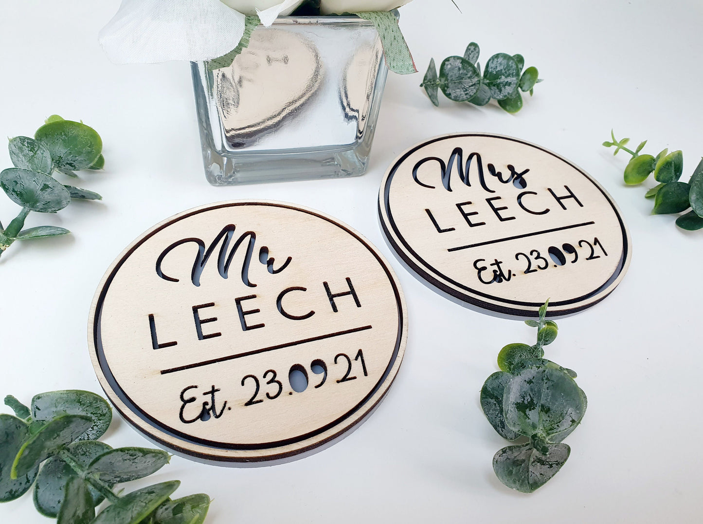 Personalised Mr & Mrs Birchwood Coasters – Rustic Wedding Gift