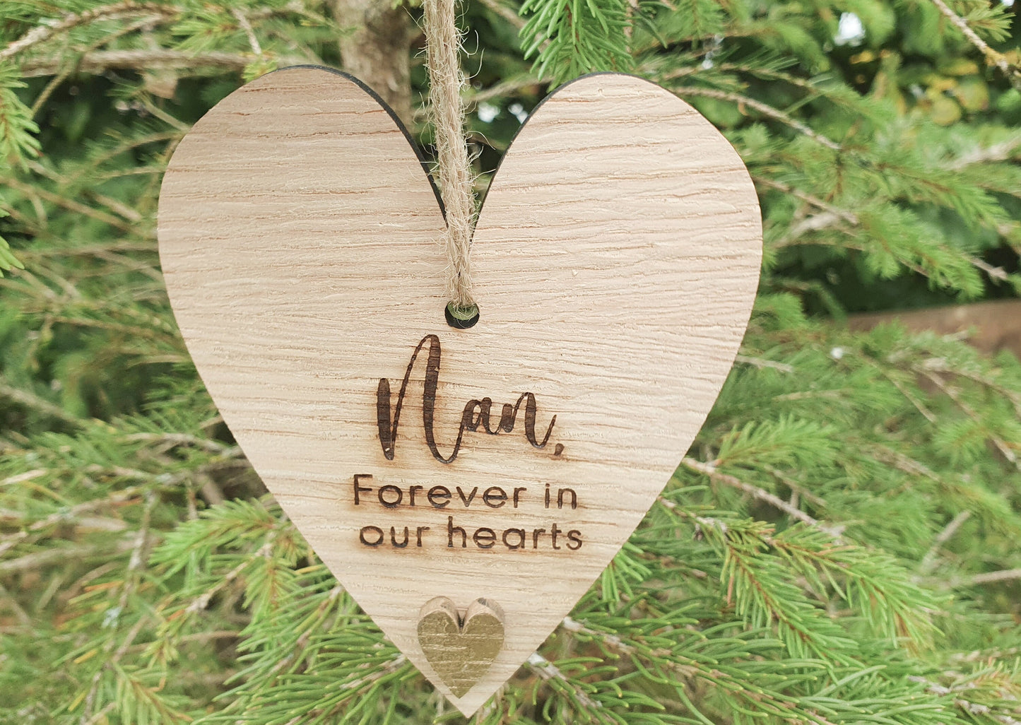 Personalised Memorial Christmas Ornament - Oak Wood Heart Bauble