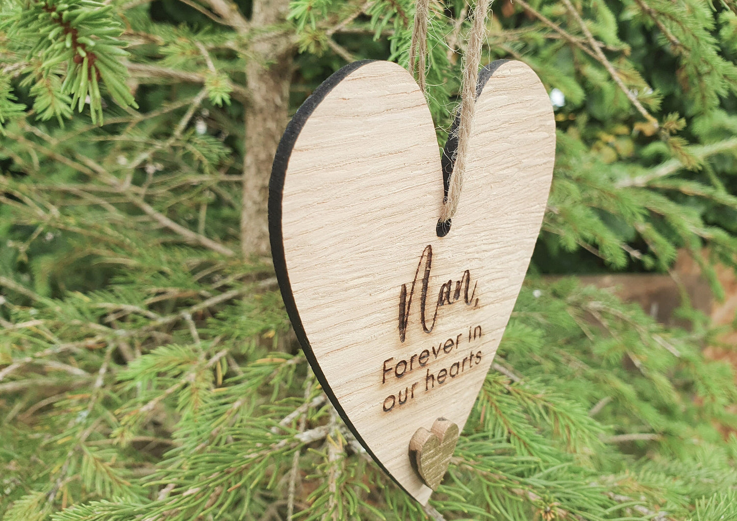 Personalised Forever in our Hearts Christmas Bauble - In Memory Of Wood Bauble - Memorial Christmas Tree Ornament