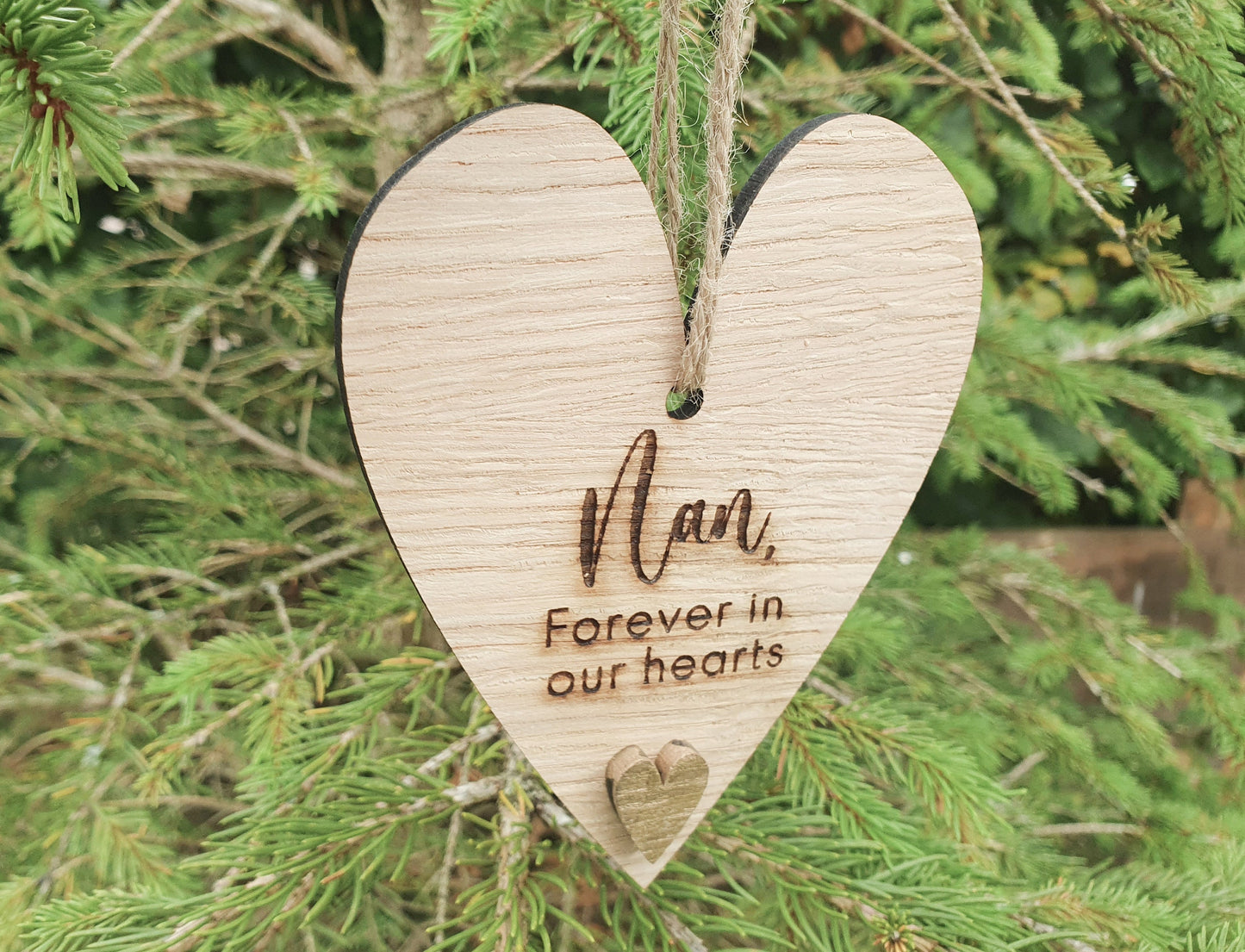 Personalised Forever in our Hearts Christmas Bauble - In Memory Of Wood Bauble - Memorial Christmas Tree Ornament