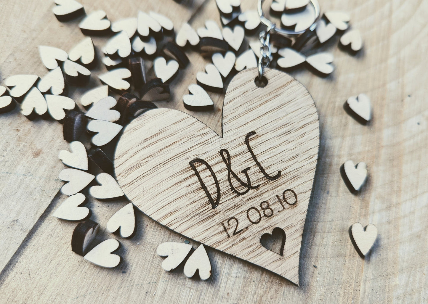 Personalised Oak Heart Keyring – Couples Initials & Date