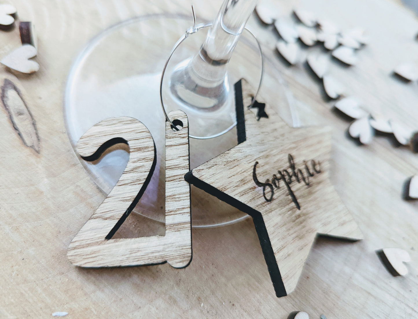 Personalised birthday wine glass charms - Wooden birthday wine glass charms with name and birthday age. Birthday wine glass charms