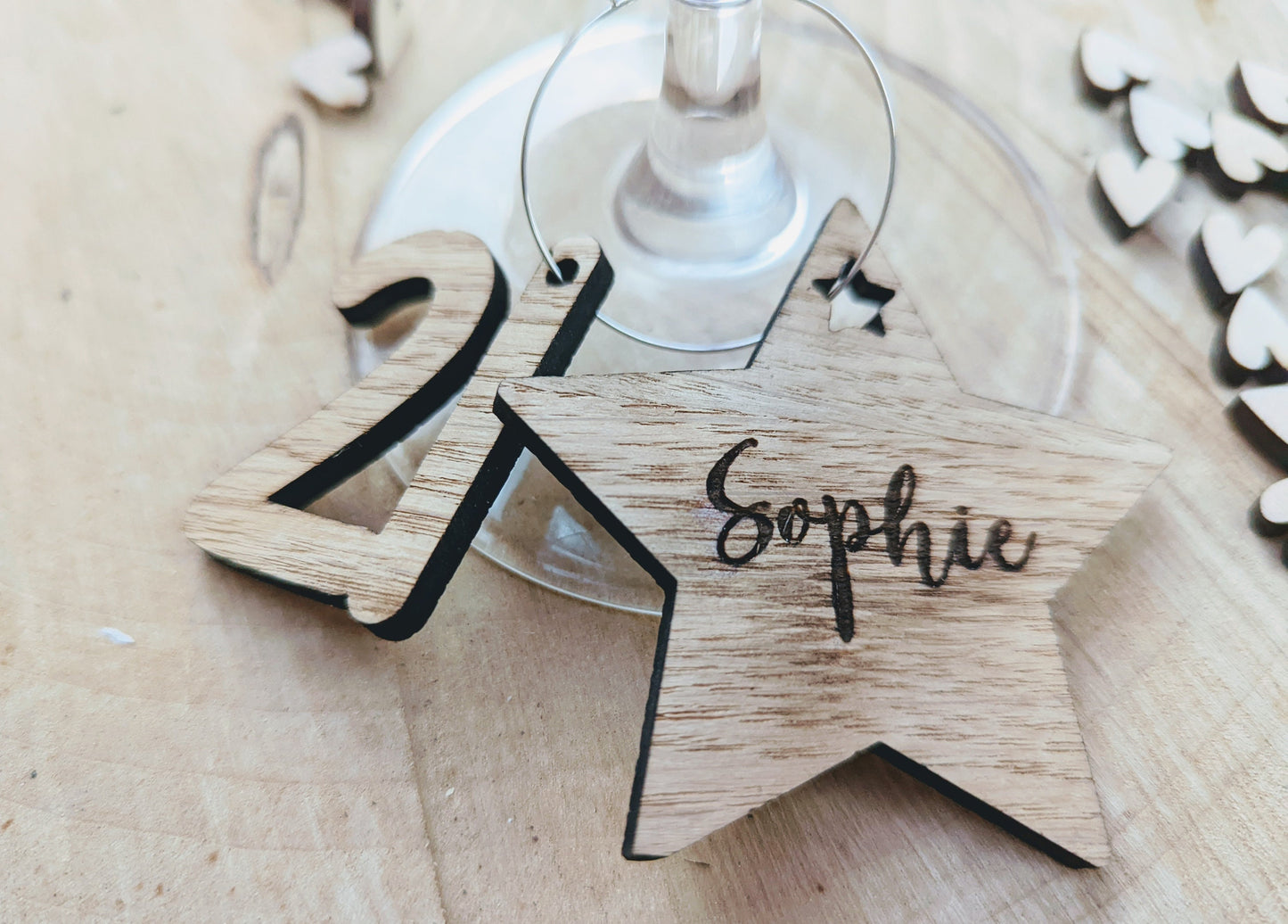 Personalised birthday wine glass charms - Wooden birthday wine glass charms with name and birthday age. Birthday wine glass charms