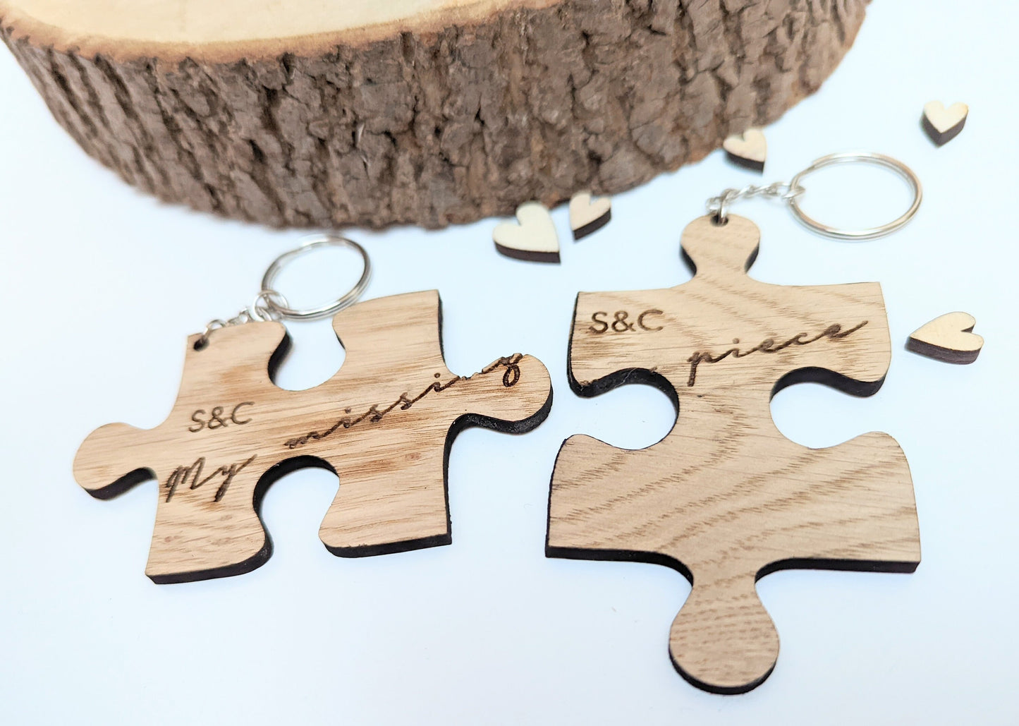 Personalised Oak Jigsaw Keyring Set, Valentines Gift