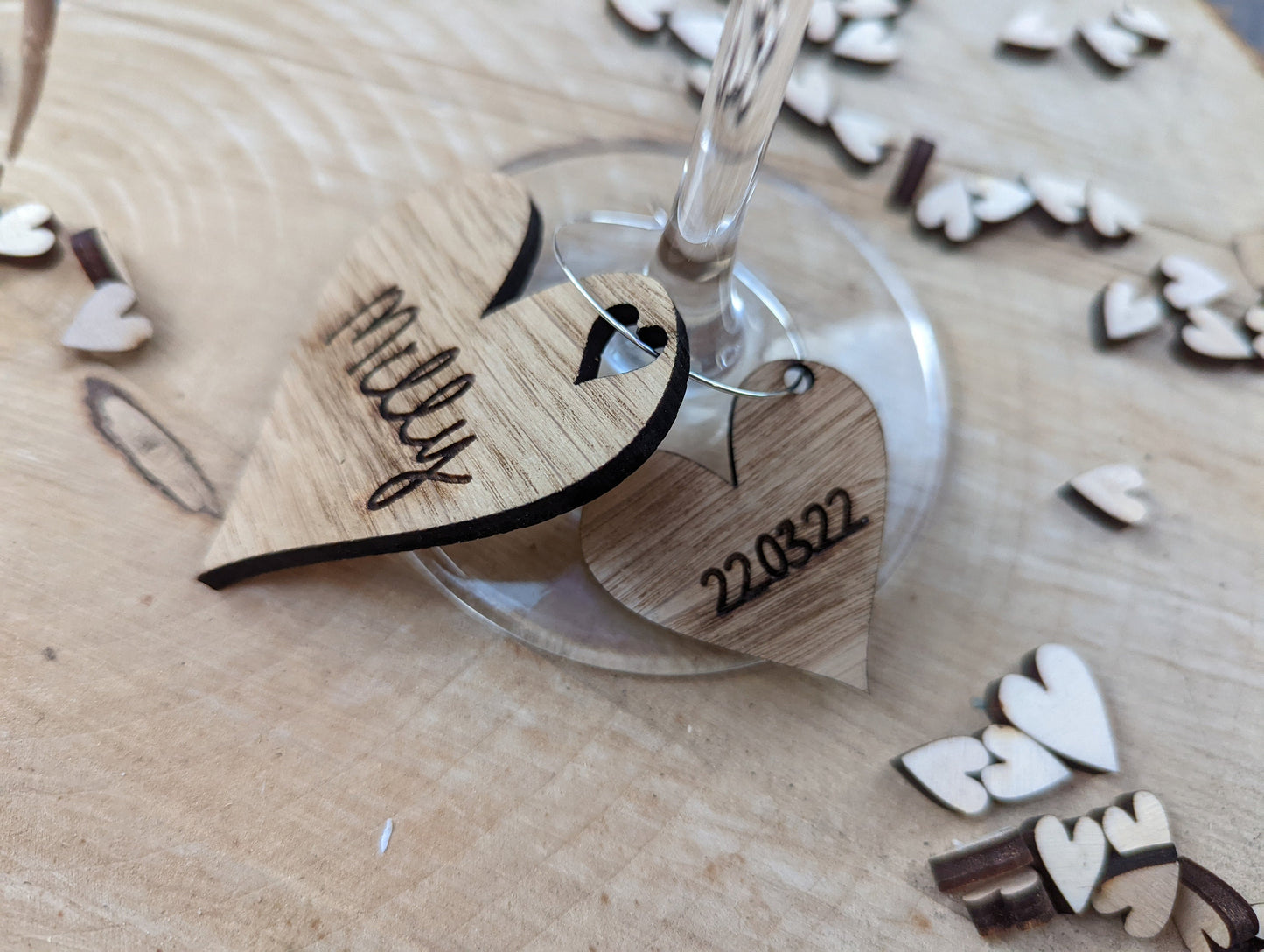 Personalised wine glass charms - Rustic heart drinks charm - Wood place names - Wine glass charms with name and date.