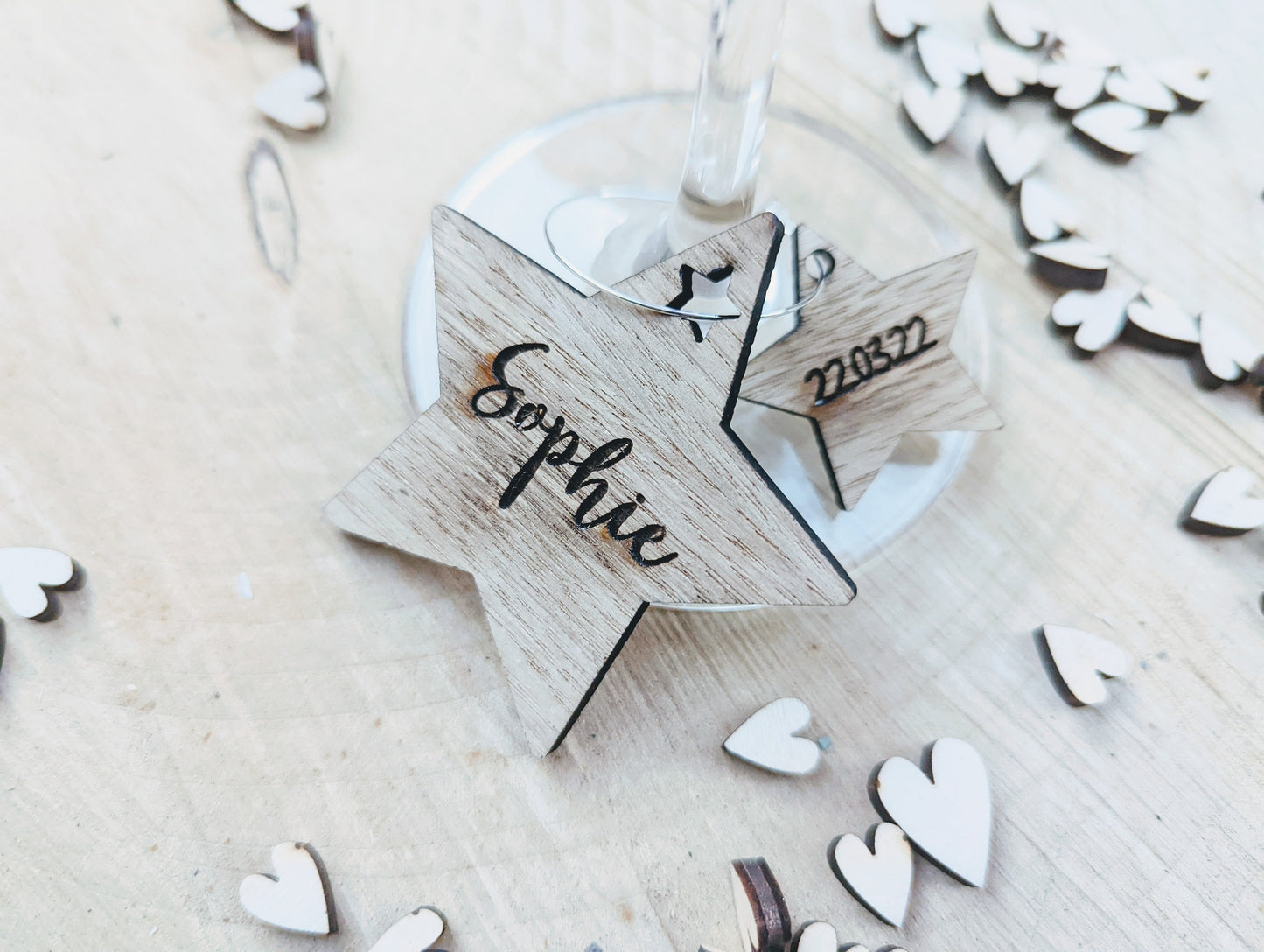 Personalised Rustic Star Wine Glass Charms - Oak Veneer, Wedding Favors