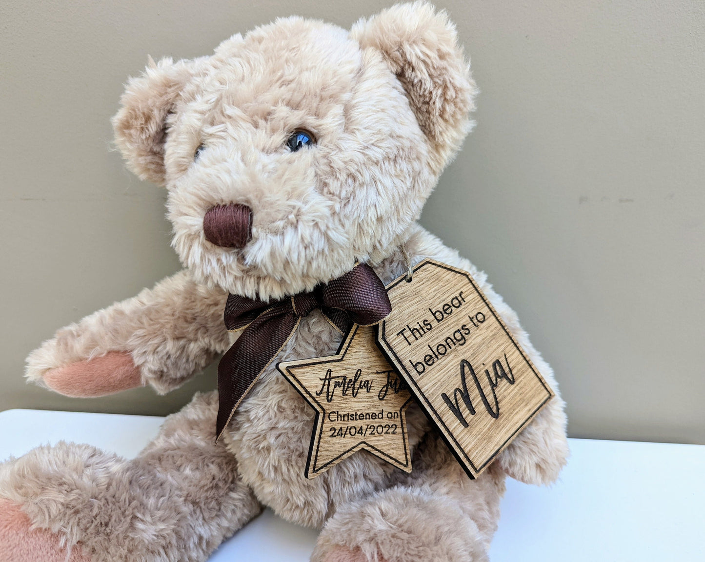 Teddy bear with personalised wooden tag, Newborn teddy bear, Teddy bear for Christening, Teddy bear with name, date and this bear belongs to