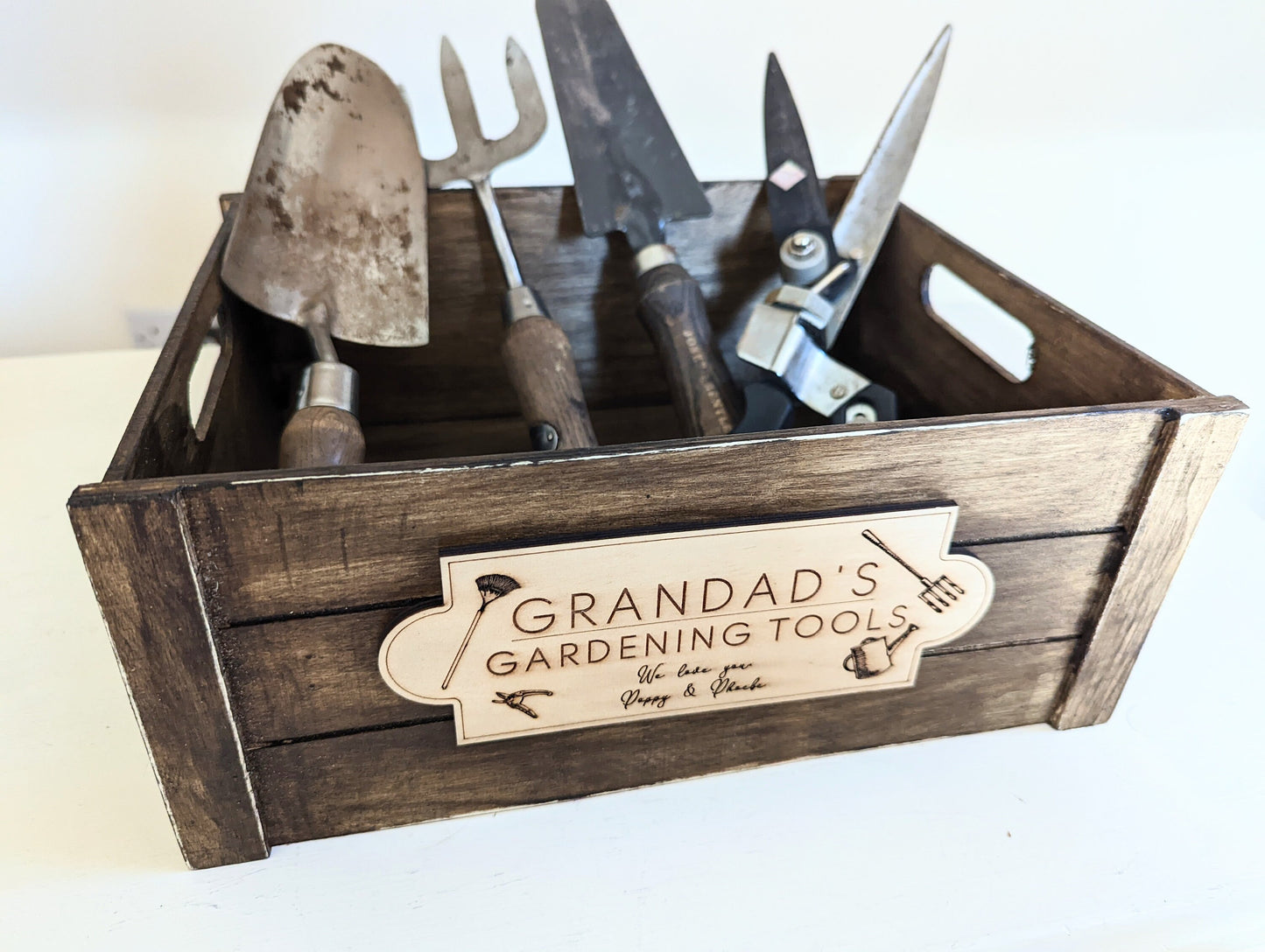 Personalised Rustic Wooden Gardening Tools Crate, Father's Day Gift