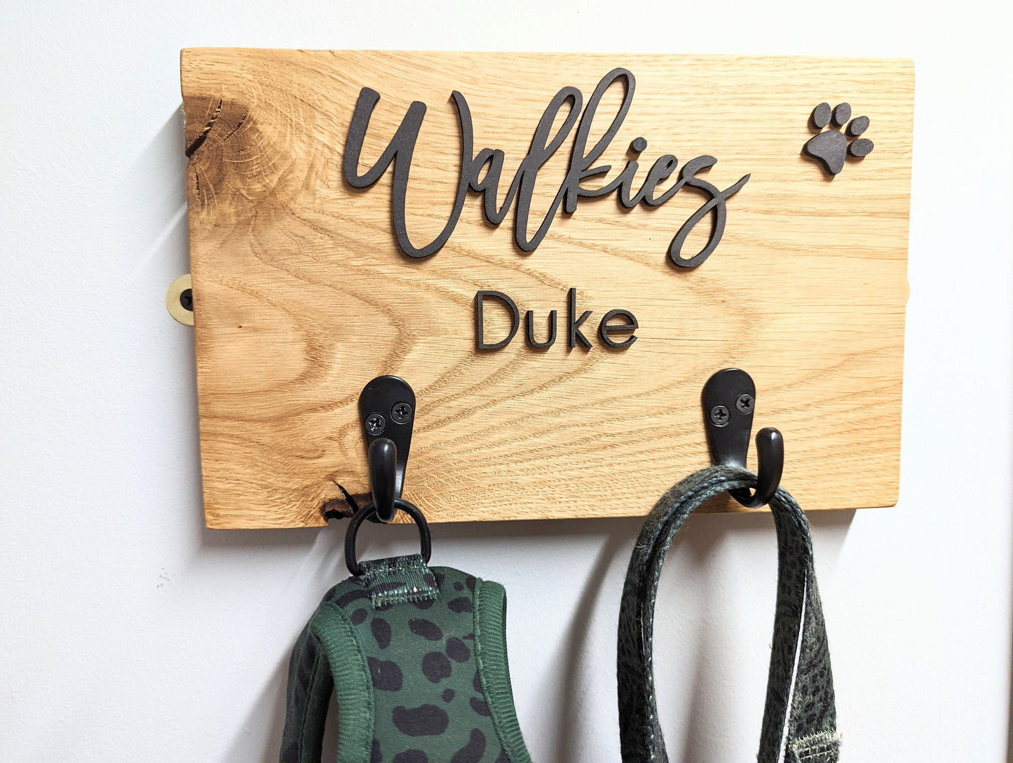 Personalised Oak Dog Lead Hook, "Walkies" Sign with 2 Hooks