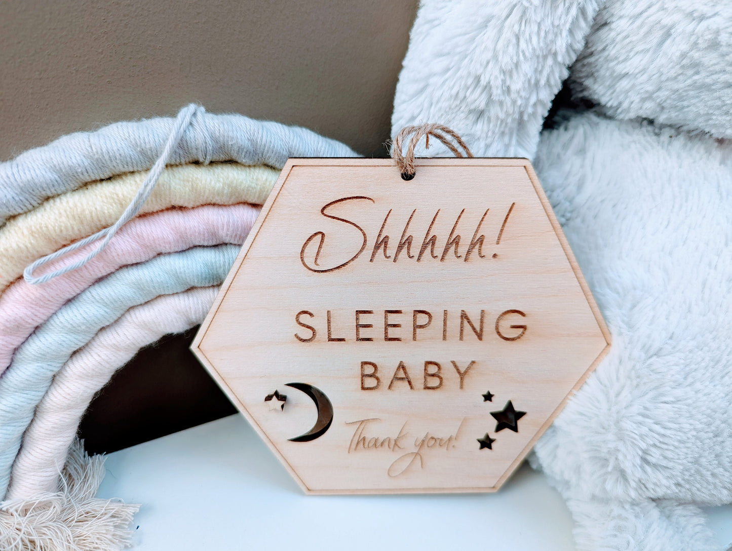 Sleeping Baby Door Sign, Engraved Birchwood with Moon & Stars