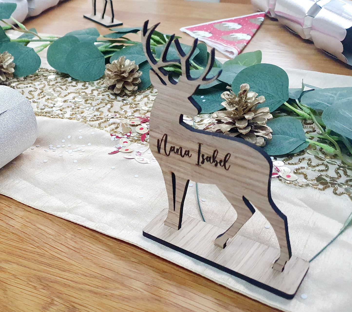 Engraved Wooden Reindeer Christmas Name Places - Table Centerpiece