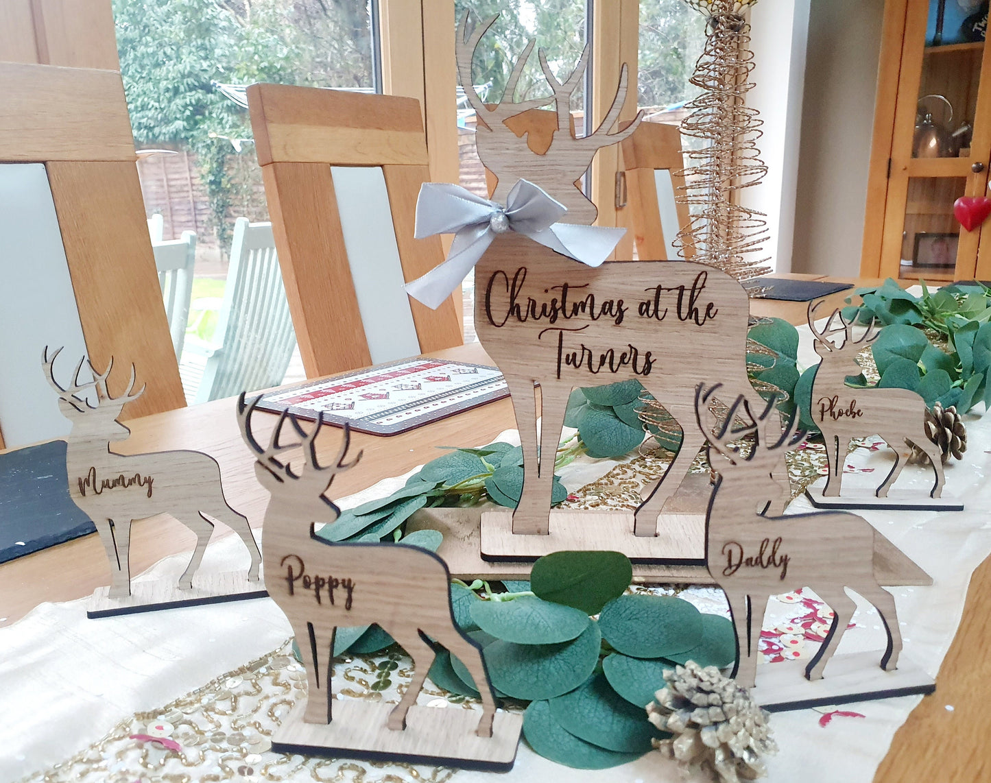 Engraved Wooden Reindeer Christmas Name Places - Table Centerpiece