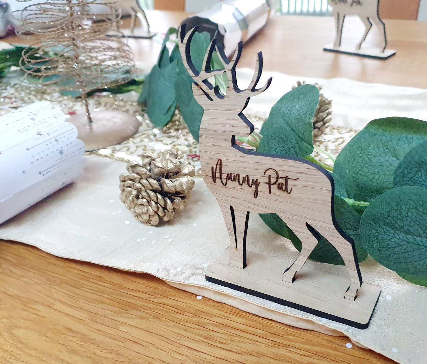 Engraved Wooden Reindeer Christmas Name Places - Table Centerpiece