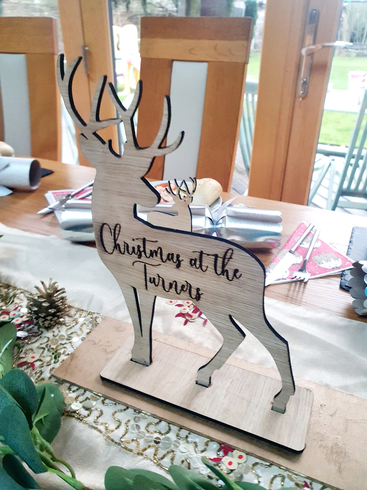 Engraved Wooden Reindeer Christmas Name Places - Table Centerpiece