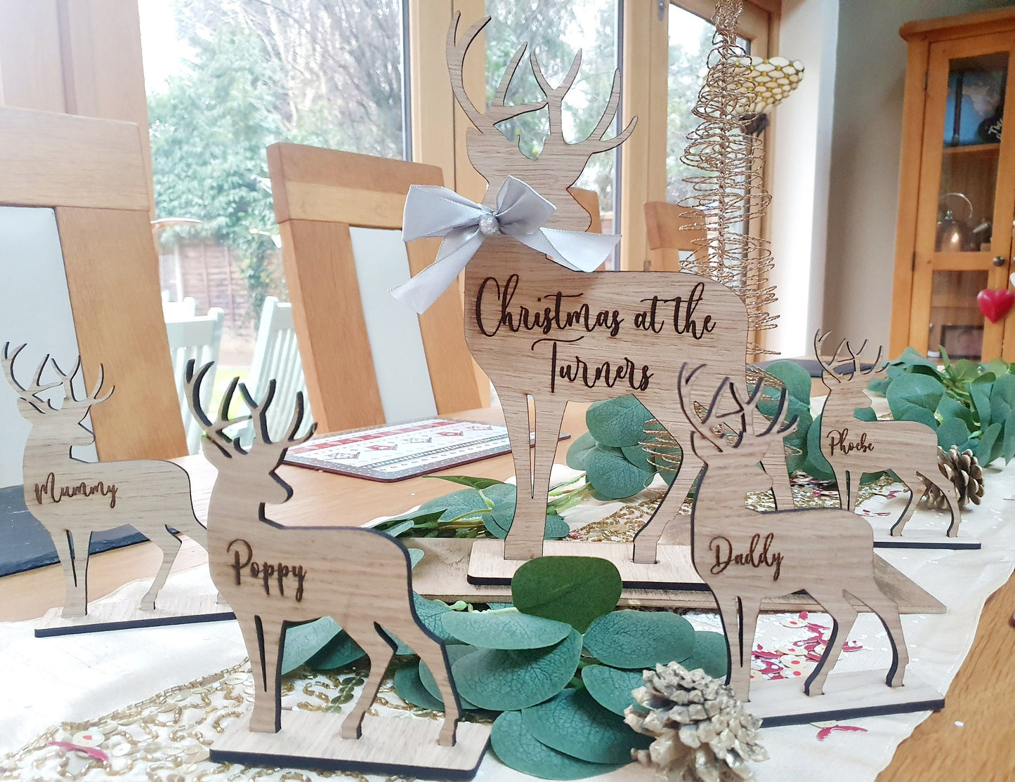 Engraved Wooden Reindeer Christmas Name Places - Table Centerpiece