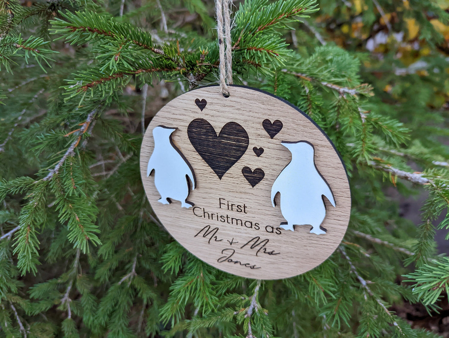 Personalised First Christmas Mr & Mrs Bauble: Oak Penguin Wedding Ornament