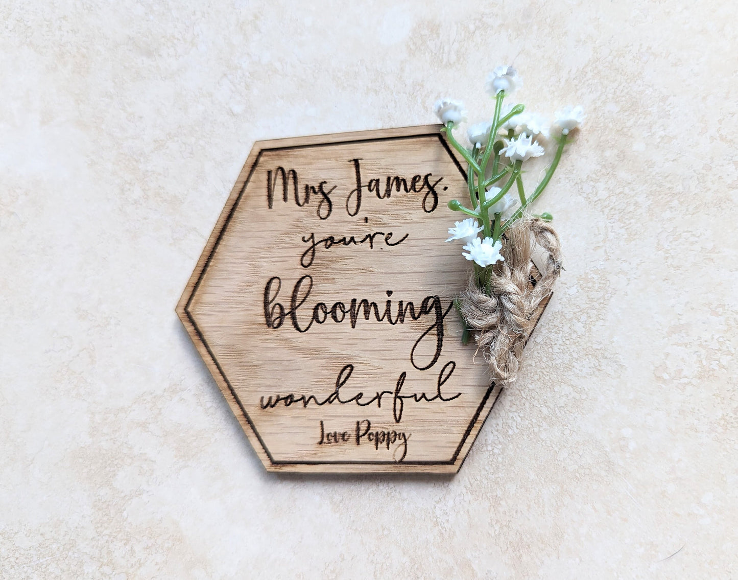 Personalised Teacher Appreciation Oak Veneer Magnet with Flowers