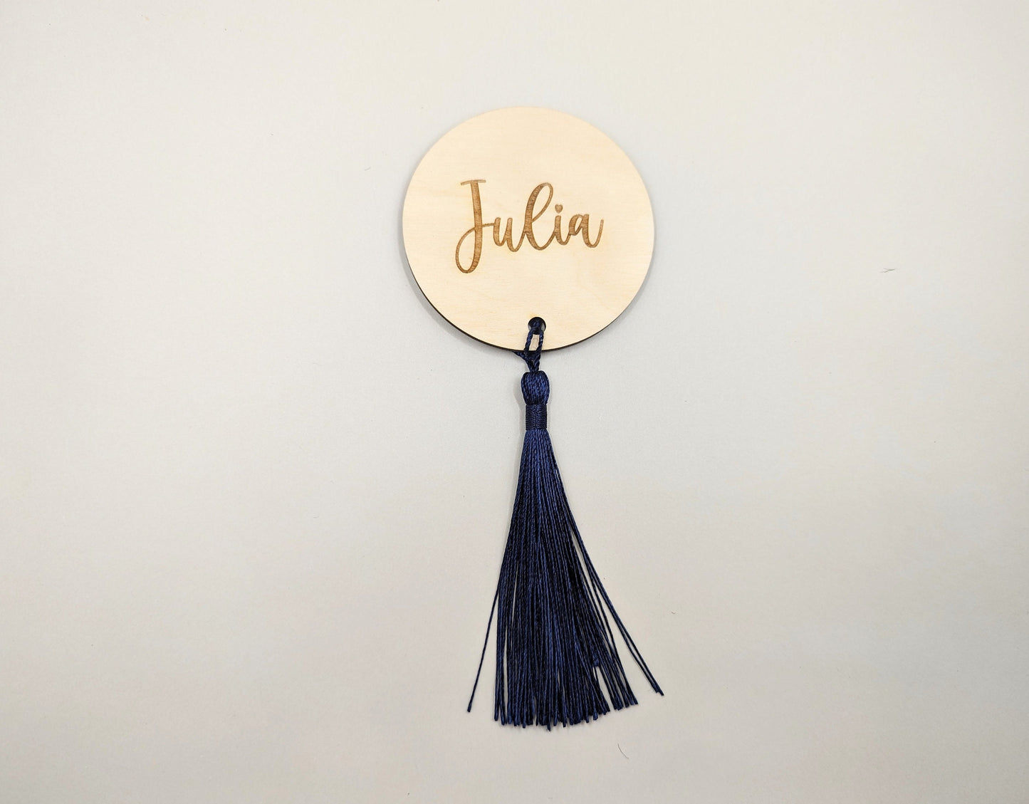 Rustic wooden placename with tassel. Tassels available in a range of colours. Wedding wood place cards with tassel. Tassel place names.
