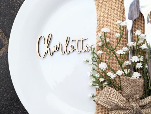 Stylish Contemporary Wooden Wedding Name Places. Cursive Wood Place Names. Wood Wedding Names. Wedding Favours. Name Tags for Weddings.