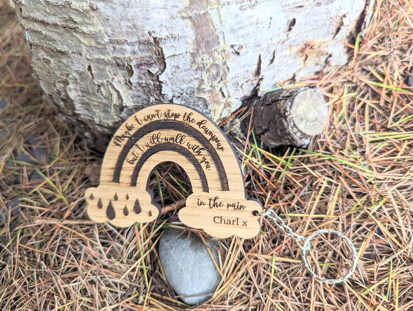 Personalised Oak Rainbow Keyring, Memorial Sympathy Gift