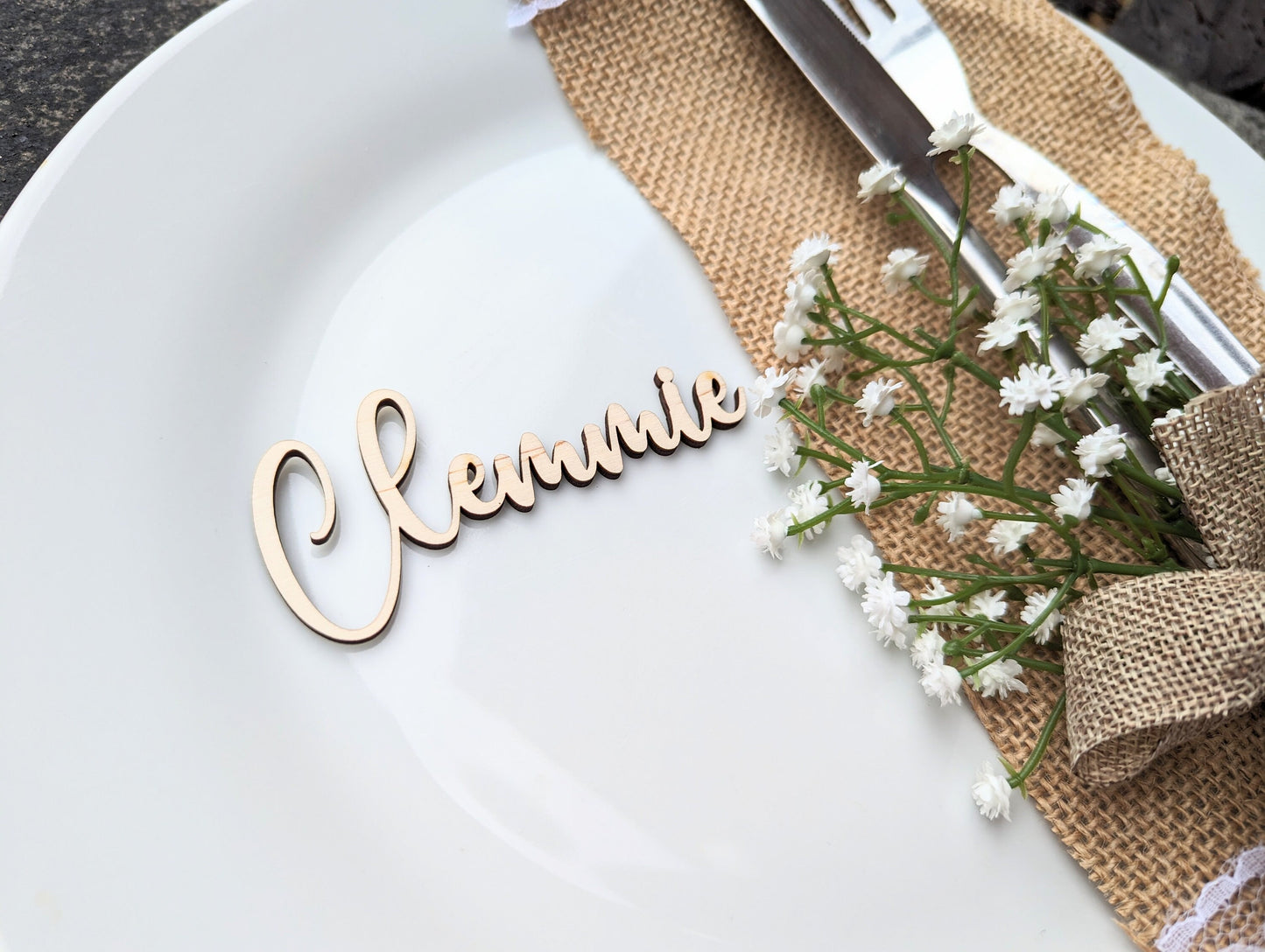 Cursive Wood Wedding Name Place Cards, Laser Cut Birchwood Favors