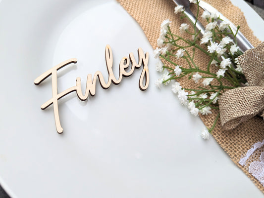 Glam Wooden Wedding Name Places. Cursive Wood Place Names. Wood Wedding Names. Wedding Favours. Name Tags for Weddings.
