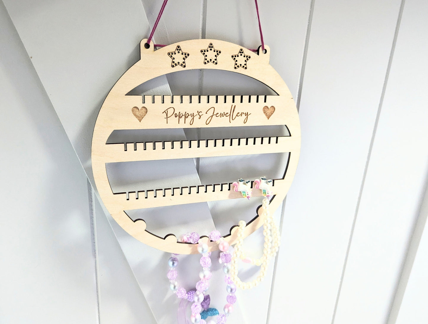 Personalised name jewellery holder. Wooden wall jewellery hanger. Personalised jewellery display. Children's jewellery storage idea.