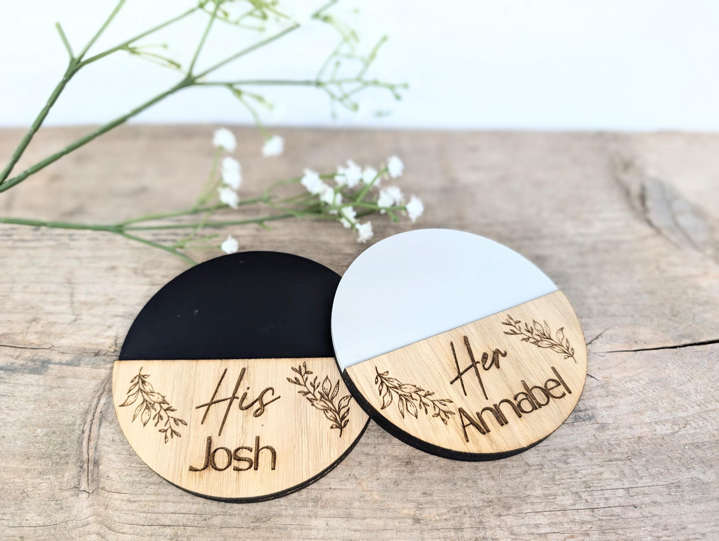 Personalised Wooden His & Her Coasters, Engraved Couples Gift. Engagement and Wedding Gift.