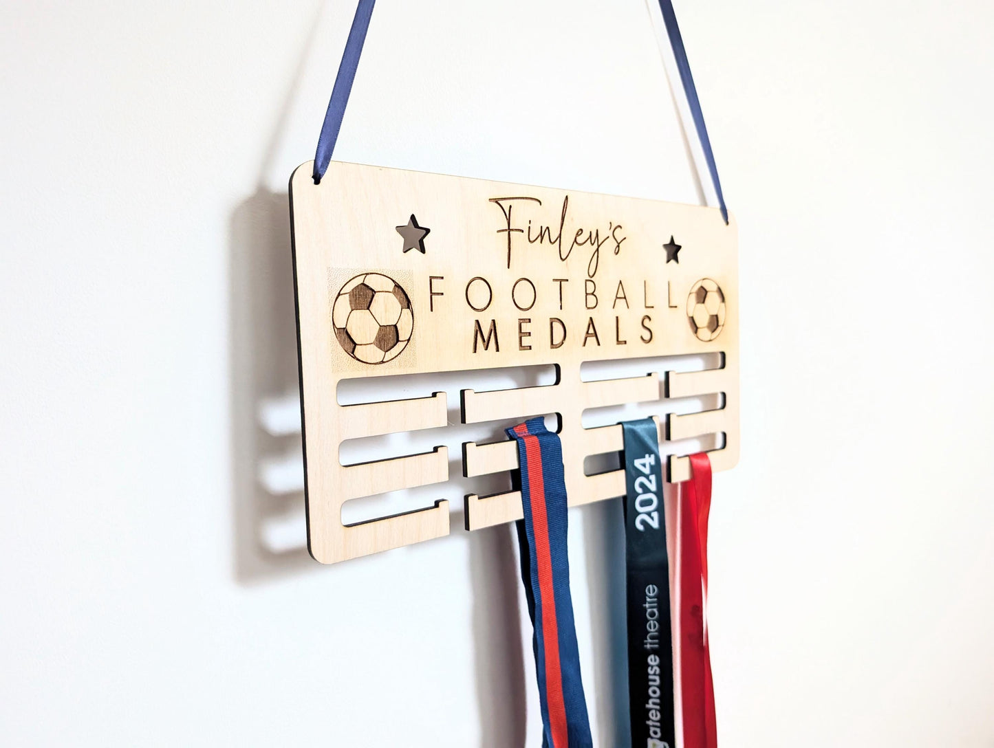 Personalised football medal holder. Wooden football wall medal hanger. Personalised football medal display. Holder for football medals.
