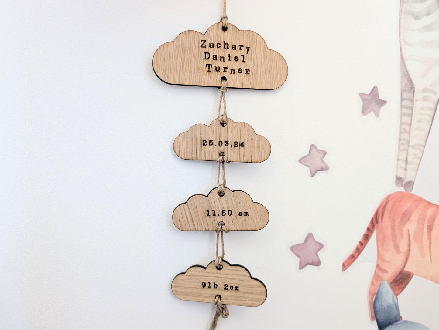 Personalised New Baby Keepsake Hanging. New Baby Wood Gift. Hanging Clouds. Welcome New Baby Gift.  Welcome To The World Personalised Gift.