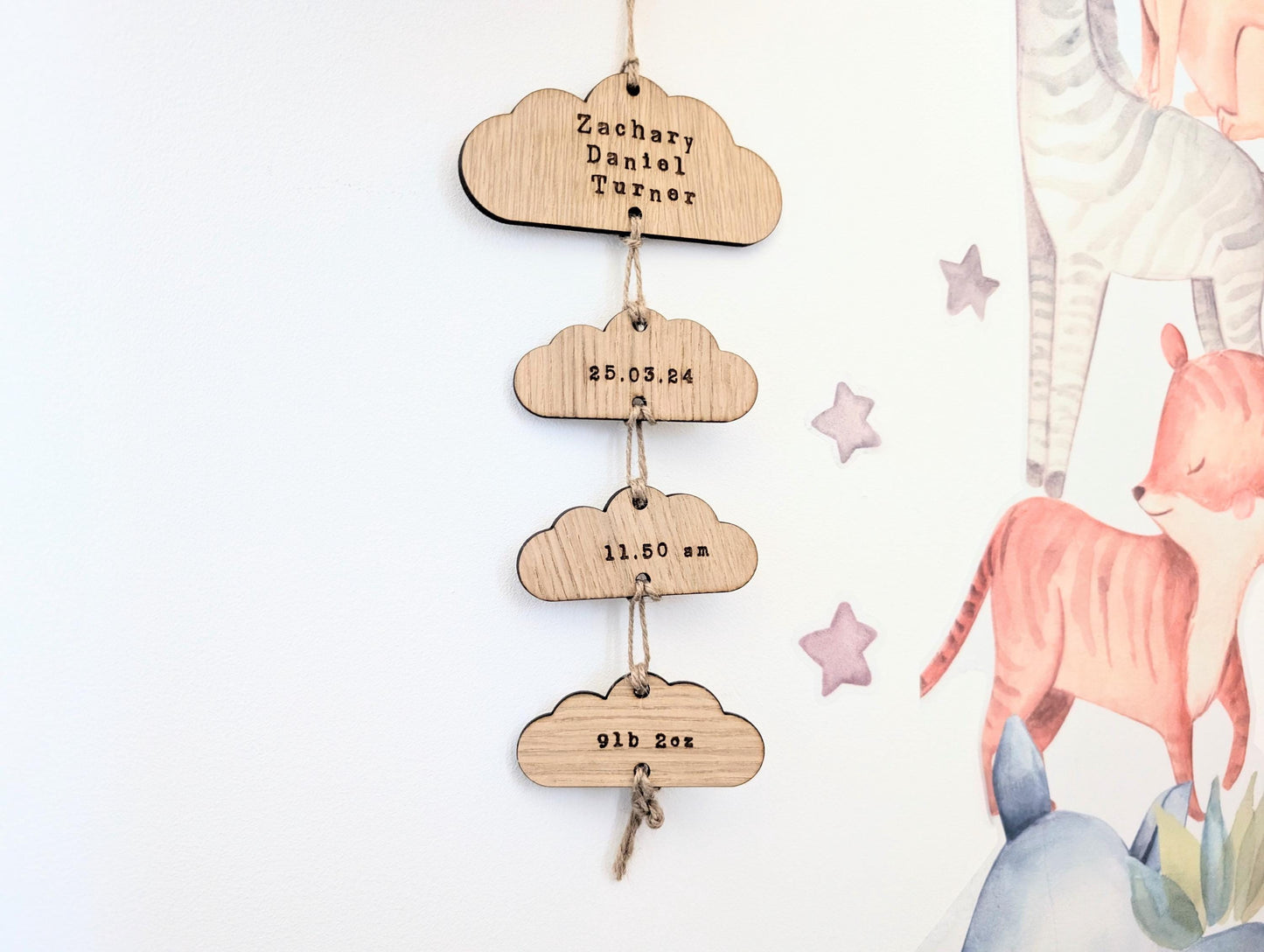 Personalised New Baby Keepsake Hanging. New Baby Wood Gift. Hanging Clouds. Welcome New Baby Gift.  Welcome To The World Personalised Gift.