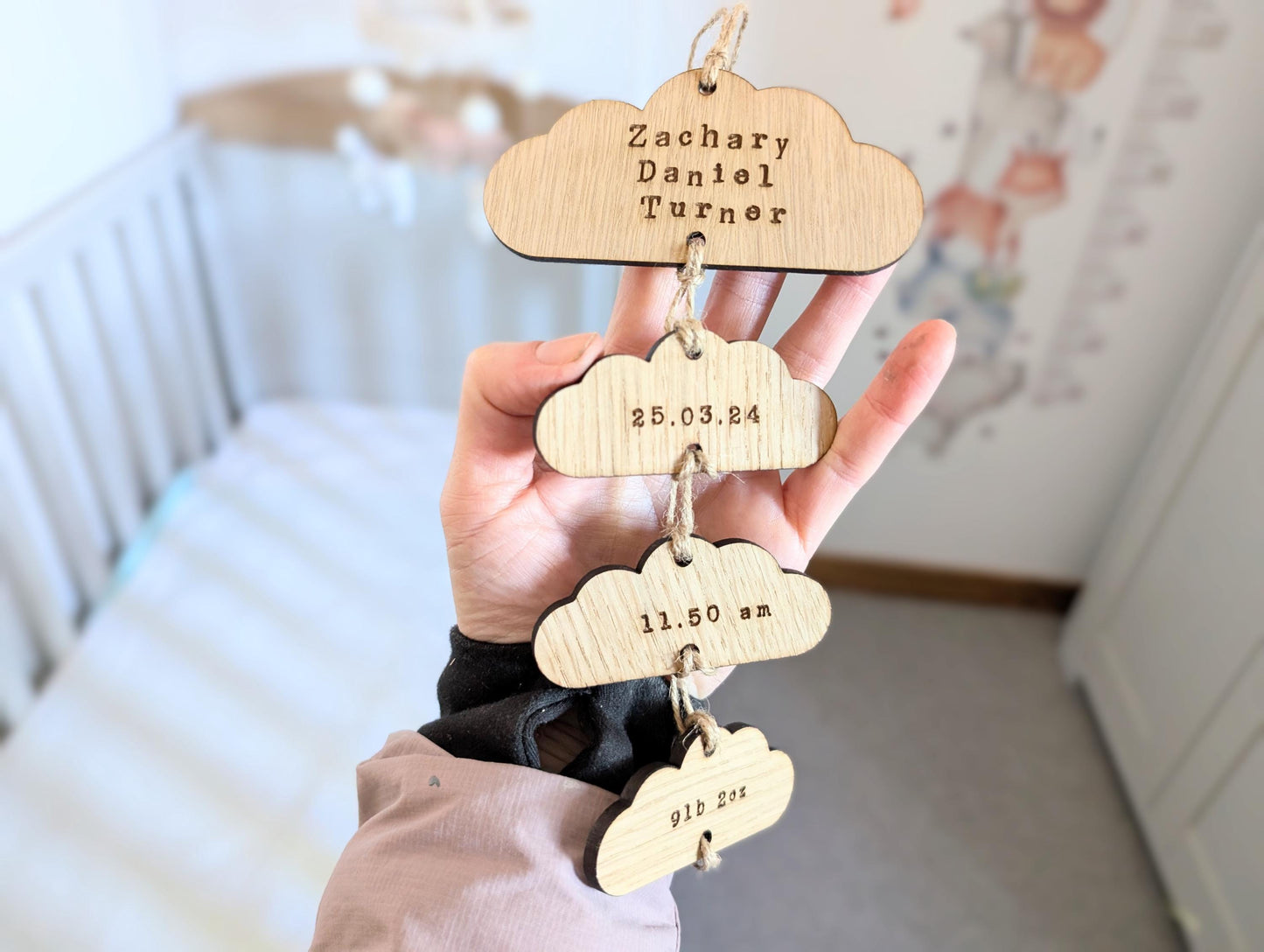 Personalised Wooden Cloud Baby Keepsake, Birth Details Hanging