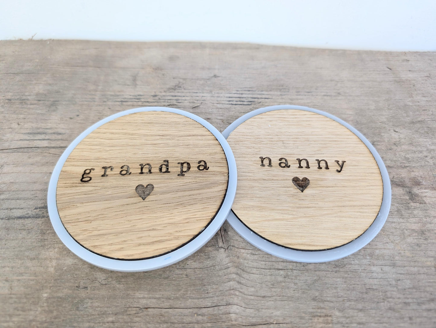 Personalised Grandparents Set of Coasters, Rustic Wooden Set of 2 Coasters for New Grandparents. Gift for Grandma, Grandpa, Grandad, Nana.