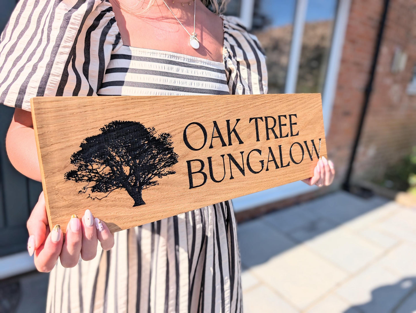 Large Address Sign, Solid Oak, Engraved and Filled With Black Paint - House Name and Any Image Oak Wood Plaque - Custom Outdoor Sign
