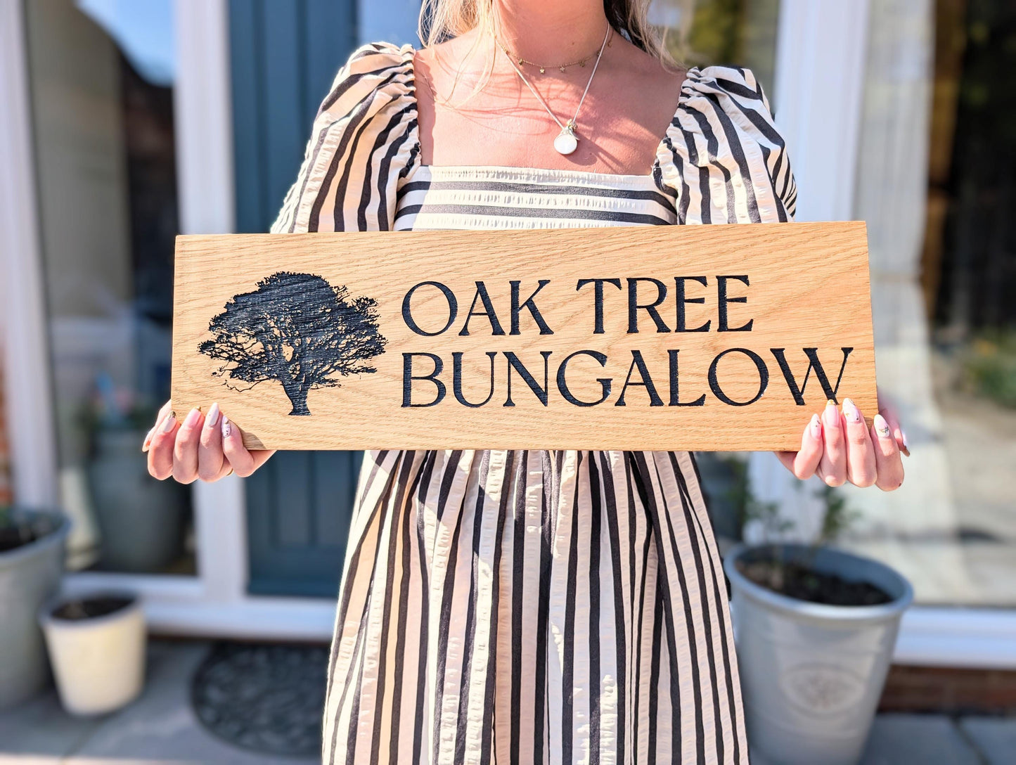 Large Address Sign, Solid Oak, Engraved and Filled With Black Paint - House Name and Any Image Oak Wood Plaque - Custom Outdoor Sign
