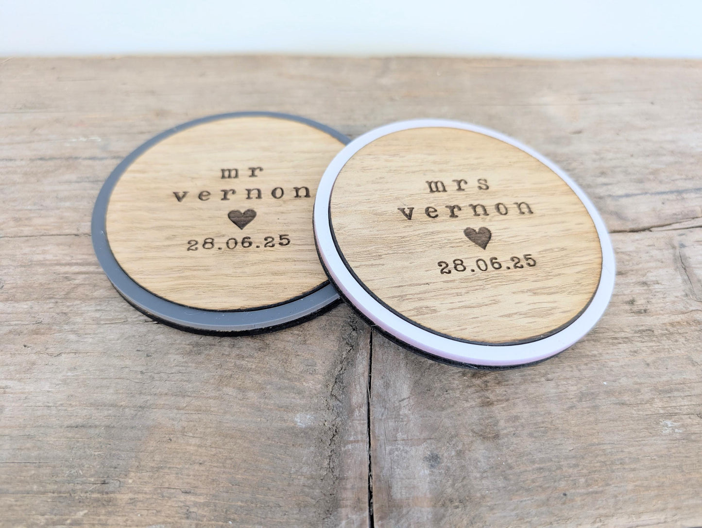 Personalised Mr & Mrs Wedding Coaster Set: Engraved Wood Keepsake
