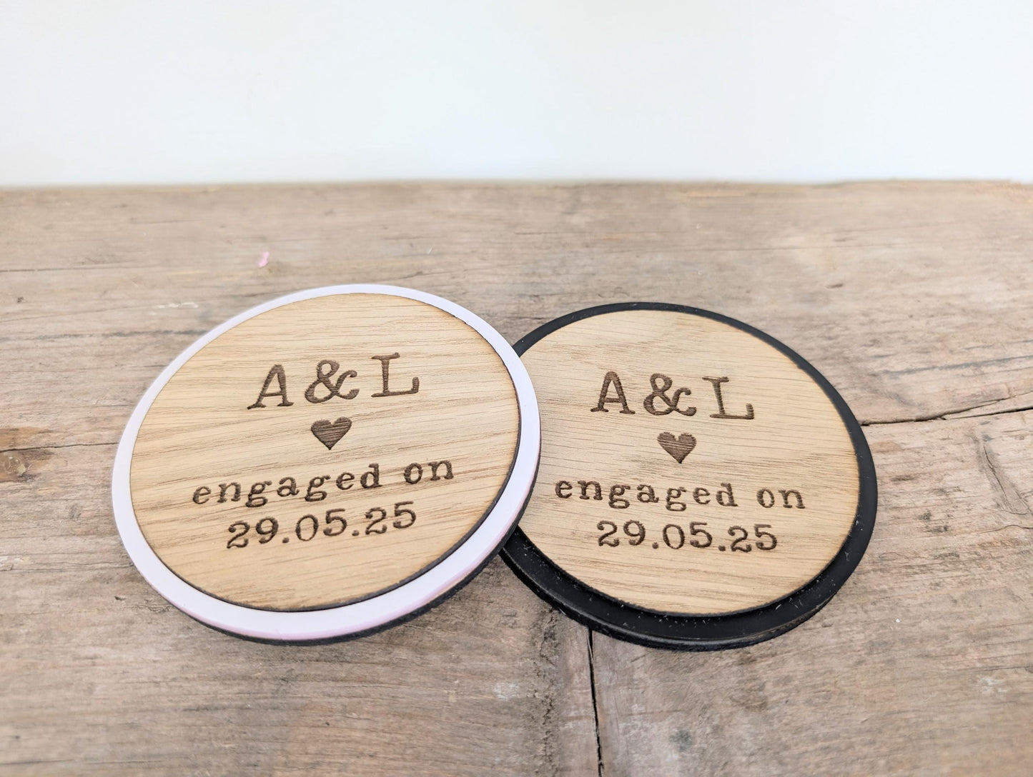 Personalised Wooden Engagement Coasters: Couple's Initials & Date