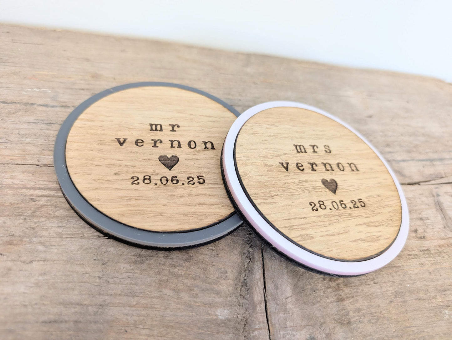 Personalised Mr & Mrs Wedding Coaster Set: Engraved Wood Keepsake