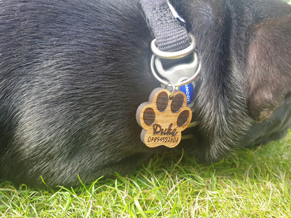 Personalised Oak Veneer Paw Dog Tag - Custom Pet ID